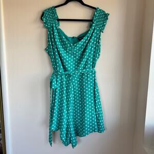 City Chic Polka Romper Teal Green White Polka Dot Self-Tie Short Sleeve Sz M/18